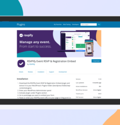 Laptop displaying Wordpress plugin directory listing for RSVPify Event RSVP & Registration Embed