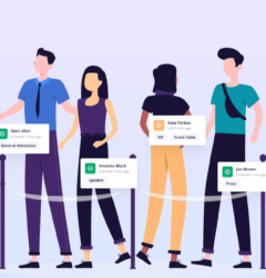 Guests wait in line as they check in and out of an event. RSVPify notifications pop up as guests check-in