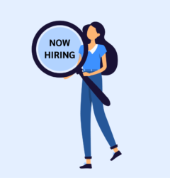 Event planner holds magnifying glass with now hiring text