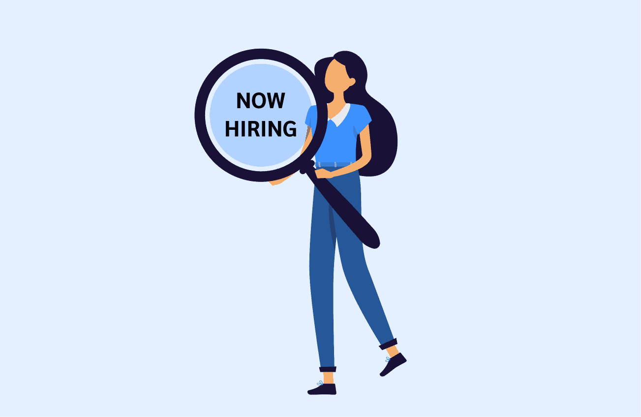 Event planner holds magnifying glass with now hiring text