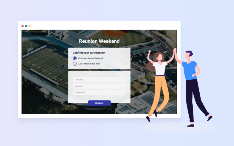 Illustration of classmates high-fiving with reunion weekend ticket registration