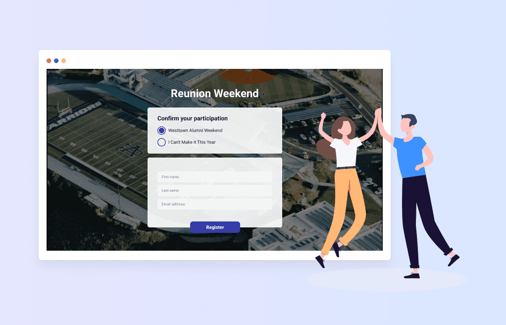 Illustration of classmates high-fiving with reunion weekend ticket registration