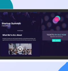 Computer mockup displaying event website with video embedded