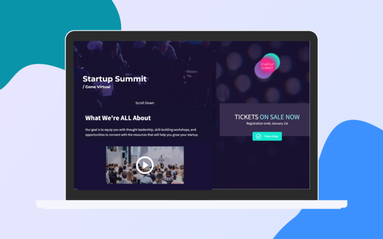 Computer mockup displaying event website with video embedded